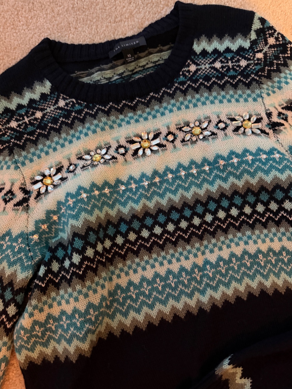 The Limited Teal & Black Embellished Fair Isle Sweater